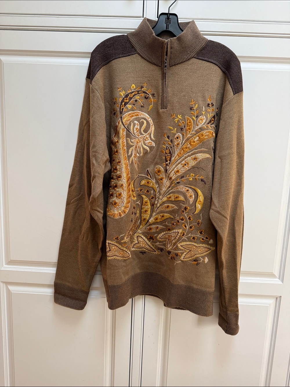 Brown Half-Zip Sweater with Paisley Floral Embroidery